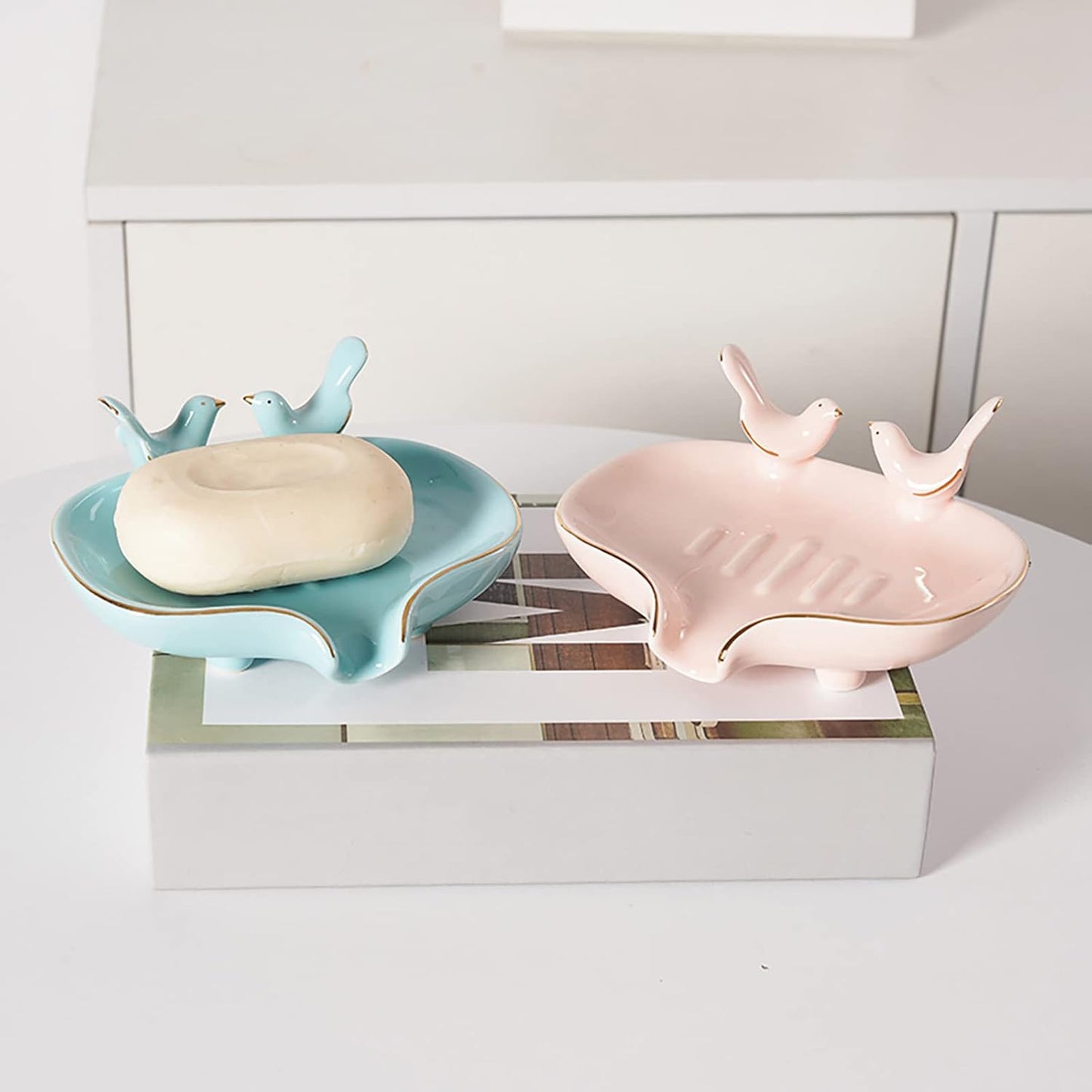 WYSRJ Bar Soap Holder Bird Shape Ceramic Self Draining Soap Dish Soap Saver Dish for Shower / Blue