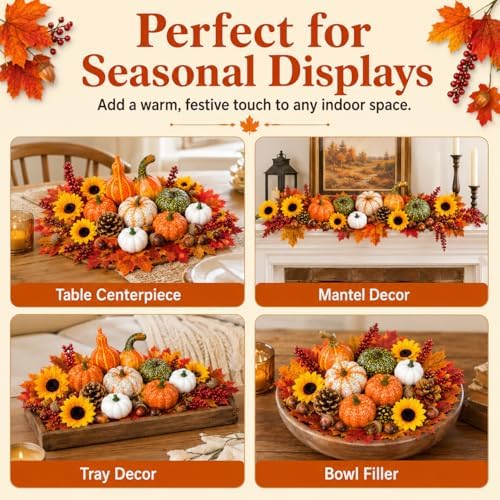 Artificial Fall Harvest Decor Set, 96 Piece Faux Pumpkins, Gourds, Sunflowers, Pinecones, Acorns, Berries and Maple Leaves for Thanksgiving, Halloween Table Centerpieces and Autumn Home Decor