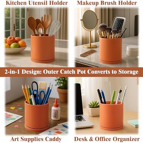 D'vine Dev Double-Layer Self-Draining Planter Set – Rotating Plastic Outer Pot with Clear Inner Liner for Root Health, Perfect for Indoor Plants, 4.5", Set of 2, Pumpkin, 73-V-E-1