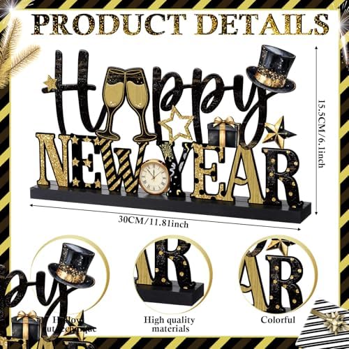 Cinnvoice Happy New Year Table Decoration Metal New Year Letter Sign 2026 Black and Gold Table Centerpieces with Wooden Base for Home Tiered Tray Centerpiece Mantel Shelf Fireplace Eve Party Supplies