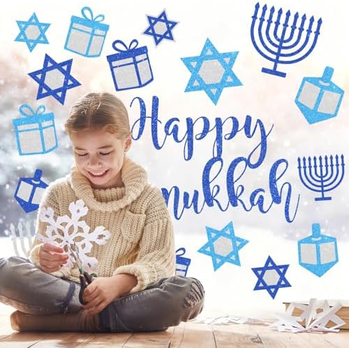 Whaline 6 Sheets Glitter Hanukkah Window Clings Chanukah Star Menorah Window Decal Reusable Anti-Collision Windows Decor for Home Classroom Office Party Supplies