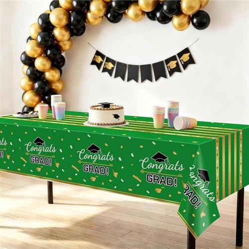 Childom 3 Pack Graduation Tablecloth,Graduation Decorations 2026 Graduation Party Decorations,54"x108" Green and Gold Graduation Decorations,Plastic Table Cloth Disposable Rectangle for Party Supplies