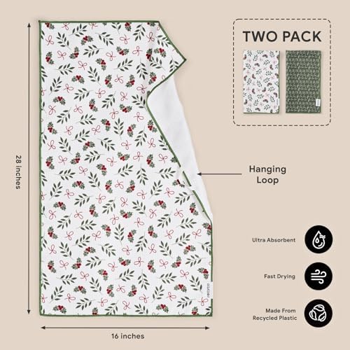 RECYCO Christmas Waffle Kitchen Towels Set of 2 - Quick Dry Microfiber Sustainable Dish Towels - Ultra Absorbent Reusable Cleaning Tea Towels - Lightweight Hand Towels,16”x 28”