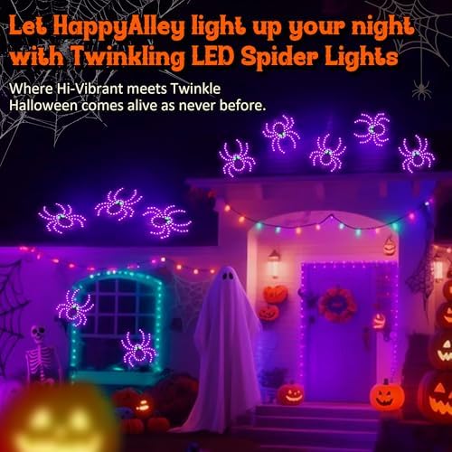 3 Pack 9" Halloween Classics Twinkling LED Spiders, Hi-Vibrant Aluminum Frame Spiders Window Silhouette Lights, 234 Purple and 12 Green LED Lights, Holiday Indoor Outdoor Decoration