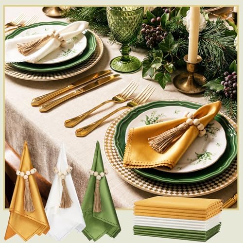 LemonRoad 36 Pcs Napkin Rings Set 12 Wood Bead Napkin Rings, 24 Cloth Napkins Boho Farmhouse Table Decorations Dinnerware Sets, Banquet, Wedding, Holiday Dinner Party