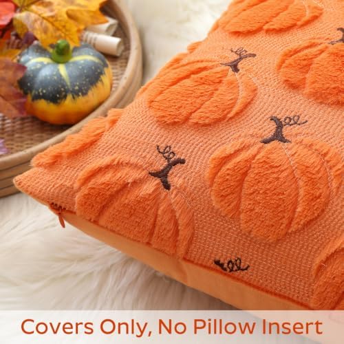 Artscope Pumpkin Fall Throw Pillow Covers 18x18 Set of 2, Autumn Soft Plush Faux Fur Decoration Cushion Covers for Thanksgiving Holiday Couch Sofa Bedroom Home Decor-Orange