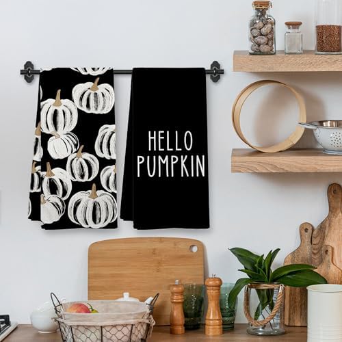 Fall Hello Pumpkin Black Halloween Kitchen Towels and Dishcloths Sets of 2, Black and White Fall Pumpkin Decor Dish Hand Tea Towels for Bathroom Kitchen, Autumn Aesthetic Fall Decor,16x24Inch