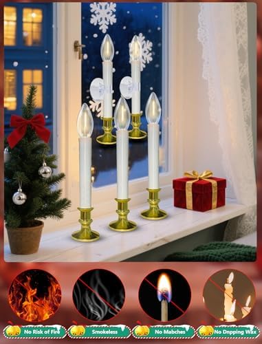 10 Pack Valentines Window Candles Lights, Battery Operated Flameless Candles with C26 LED Bulbs, 6-18H Timed Electric Candle Holders for Indoor Christmas Window Wedding Valentine's Day, Gold Base