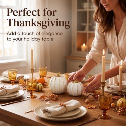 Fall Decorations for Home Set of 2 White & Gold Resin Pumpkin Table Decor