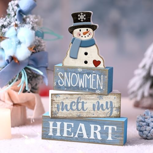 Moucuny 4 Pcs Snowman Block Signs Farmhouse Table Decoration Wood