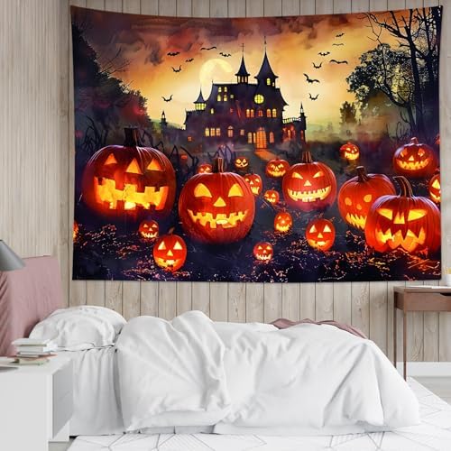 LB Halloween Tapestry Creepy Pumpkin Lantern Bat and Haunted Castle in Misty Forest Wall Tapestry for Bedroom Spooky Night Wall Hanging Tapestry Wall Art for Living Room Home Decor, 80 x 60 Inches