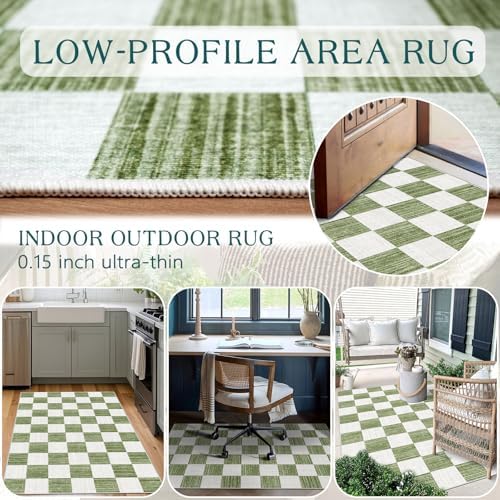 Green White Checkered Entry Rug - 3x5 Non-Slip Indoor Outdoor Rugs