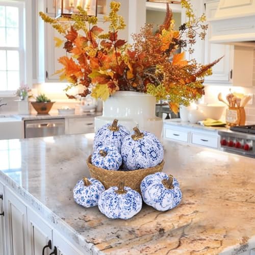 GnFlus Fake Pumpkin Decor 6 Pcs Faux Pumpkins Small Blue and White Velvet Pumpkins Mini Artificial Pumpkin Fall Decorations for Home Table Farmhouse Mantel Halloween Thanksgiving