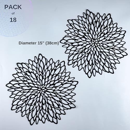 Snowkingdom Pack of 18 Black Placemats Washable Pressed Vinyl Laser Cut Dining Table Mats Round Floral Charger Decoration for Christmas Halloween Thanksgiving Wedding