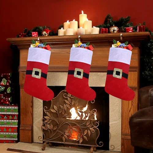 24 Pack Felt Christmas Stockings with Buckle, 19 Inches Red and White Christmas Stockings Hanging Ornaments, White Cuff with Buckle Christmas Stocking for Family Christmas Holiday Decorations