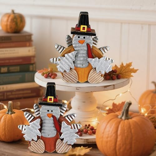 Zcaukya 2 Pack Thanksgiving Wooden Turkeys Decorations Indoor