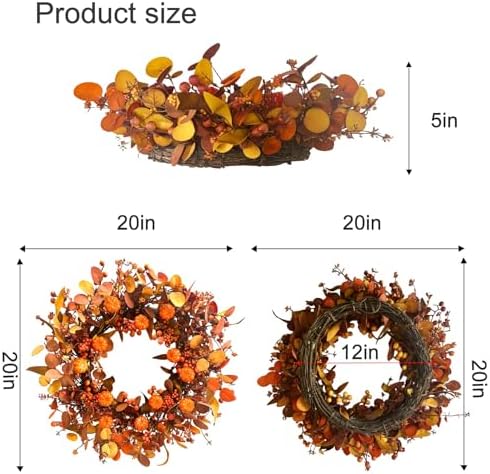 20 Inch Fall Wreath Artificial Pumpkin Wreaths for Front Door Autumn Door Wreath with Orange Eucalyptus Leaves Berries for Thanksgiving Day Harvest Festival Indoor Outdoor Celebration