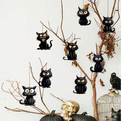 8 Pcs Halloween Tree Decoration Funny Cute Black Cat Designs Acrylic Pendant Cartoon Mini Kitten Halloween Tree Hanging Ornament DIY Craft Decoration Accessories for Holiday Party Supplies