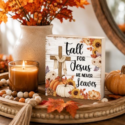 Fall For Jesus He Never Leaves Sign | Floral Cross Pumpkin Decor