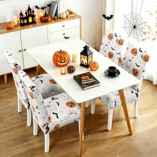Halloween Chair Covers Set of 4,Pumpkin,Ghost and Skull Dining Chair Protectors,Elastic Removable Washable Dining Chair Covers,Suitable for Halloween Kitchen Dining Room chair Holiday decorations