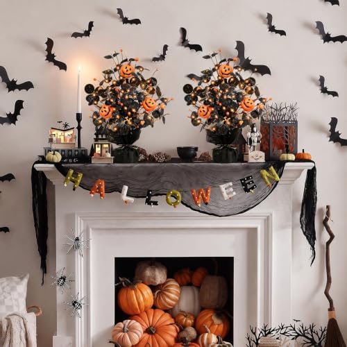 2Pack Lighted Halloween Table Tree, Halloween Pumpkin Decorations for Home