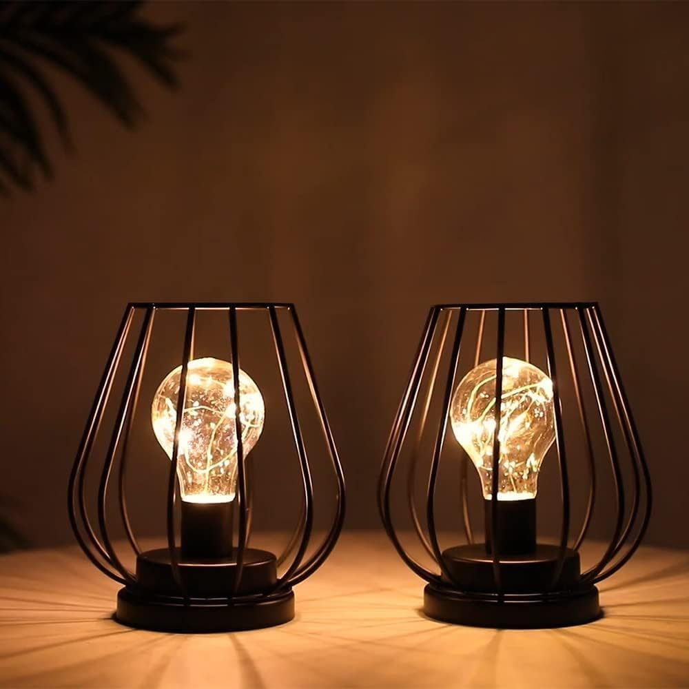 TRIROCKS Set of 2 Metal Battery Operated Lamp 7'' Tall mini Cage Shape Cordless Table Lamp Battery Lanterns with Warm