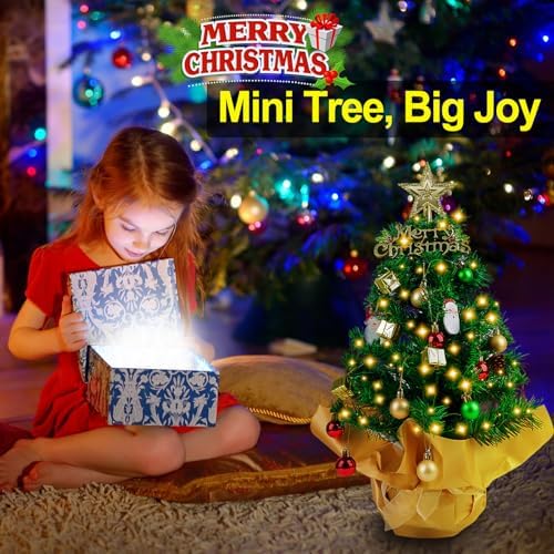 23 in Small Christmas Tree with Lights, Mini Tabletop Tree Desk Decor