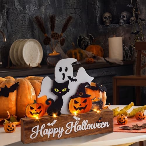 Patelai Halloween Table Decoration with LED Lights Wood Pumpkin Ghost Signs