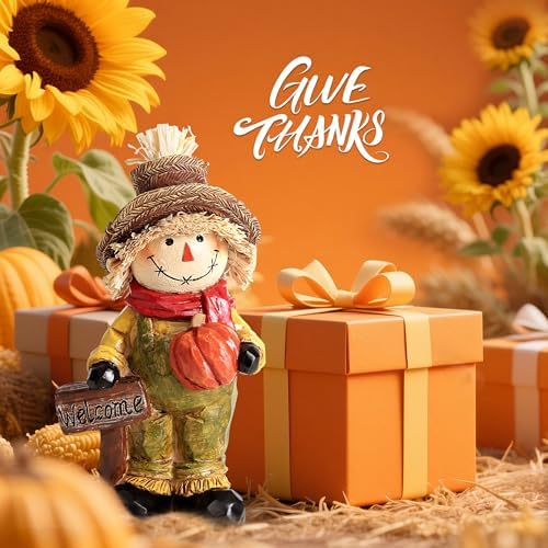 Fall Scarecrow Decor with Pumpkin Harvest Statue for Table Mantel