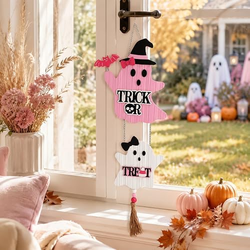 Valery Madelyn Pink Halloween Decor, Cute Halloween Door Wreath Decorations, Ghost with Witch Hat Wooden Hanging Sign for Wall Window Door Handle, 22 inch