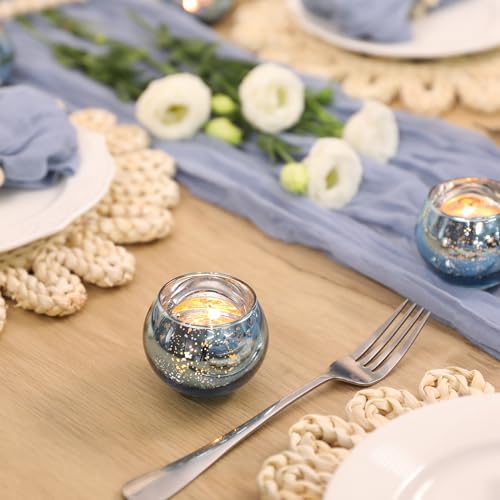 Volens 24PCS Blue Votive Candle Holder Bulk, Round Mercury Glass Votives