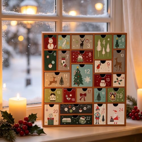 SAND MINE Wooden Christmas Advent Calendar with 24 Drawers, Countdown to Christmas Refillable Wooden Advent, Terracotta