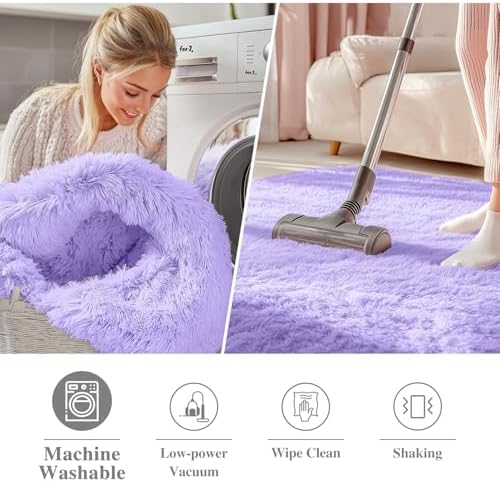 OLANLY Light Purple Round Rugs for Bedroom - Machine Washable, 3 ft Circle Area Rugs for Living Room, Soft and Fluffy