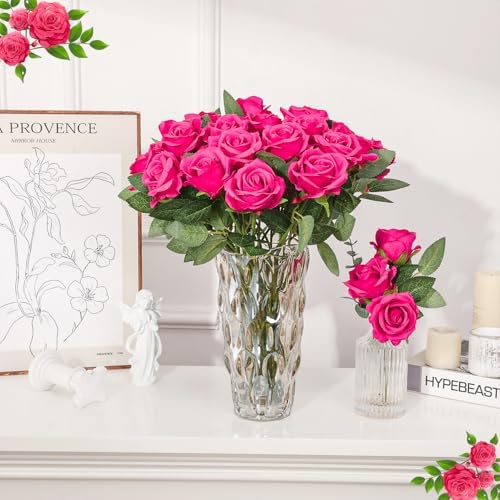 36 Pcs Hot Pink Artificial Roses with Long Stems