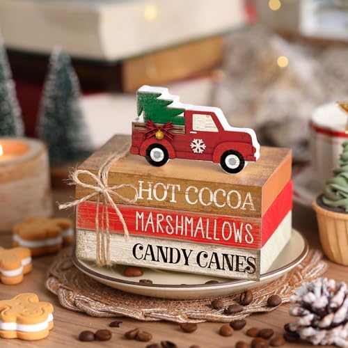 4 Pcs Christmas Tiered Tray Decor Red Truck Wooden Book Signs