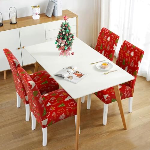 Red Christmas Chair Covers Set of 4,Winter Christmas Tree Snowflake Elk Chair Protectors,Elastic Removable Washable Dining Chair Covers for Winter Christmas Kitchen Dining Room Holiday Decor