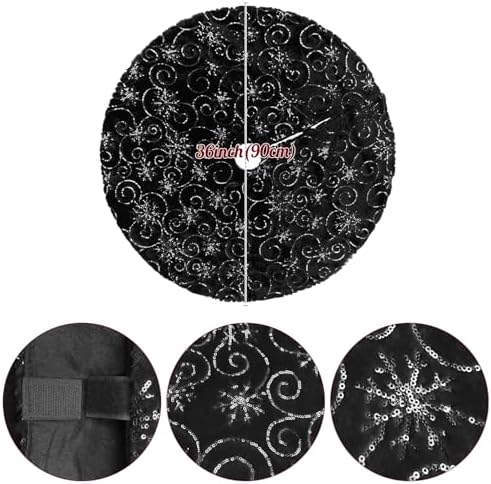 Christmas Tree Skirt Black 36 inch Silver Christmas Tree Skirt Snowflakes Faux Fur for Xmas Holiday Home Party Decorations