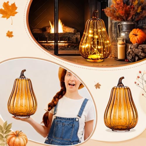 Glooglitter Mercury Glass Pumpkin Light LED Fall Lamp, Gourd, Amber, Middle