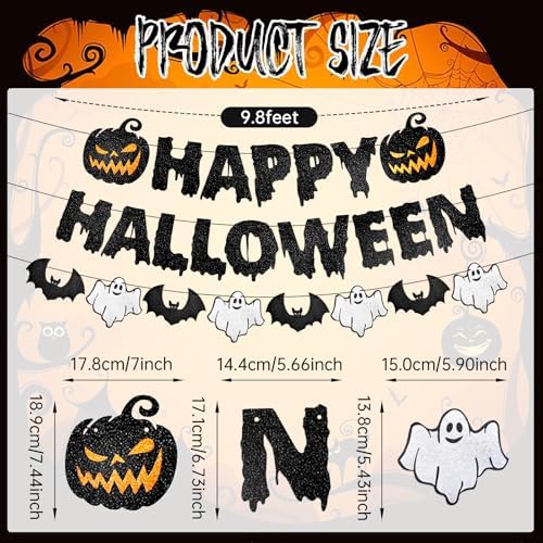 Black Glitter Happy Halloween Banner - Halloween Hanging Paper Garland Bunting Banner with Pumpkin, Ghost, and Bat Decorations, Photo Backdrop for Wall Home Mantle Office Wall Scary Party Supplies