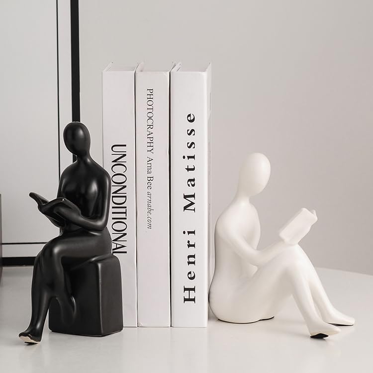 Modern Decorative Ceramic Reading Figure Bookends / Black+ White