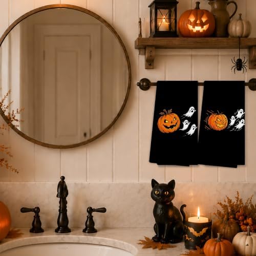 Halloween Pumpkin Ghost Kitchen Towels, Halloween Hand Towels for Bathroom Decor, Funny Spooky Pumpkin Ghost Black Dishcloths Dish Towel for Kitchen 16x24 Inches Set of 2