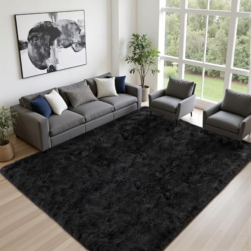 8x10 Area Rug Living Room Bedroom: Fluffy Plush Shag Carpet Black