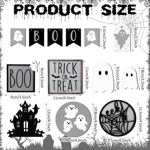Umigy 15 Pcs Halloween Tiered Tray Decor Gray Ghost Wooden Signs Boo