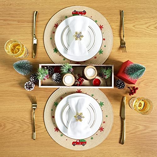 Feuille Round Christmas Placemats Set of 4 13.5 Inch Beige Snowflake Placemats for Round Tables Truck Winter Placemats Perfect for Indoor Christmas Decorations