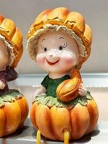 KiaoTime Fall Thanksgiving Scarecrow Pumpkin Shelf Sitters with Dangling Legs Decoration, Set of 2 Fruit Harvest Sculpture for Window Sill Kitchen Tabletop Autumn Home Decoration