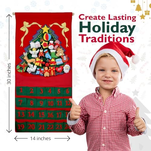 Pockets of Learning Green Christmas Tree Advent Calendar | Interactive Christmas Holiday Décor Embroidered Seasonal Soft Fabric Wall Hanging Countdown