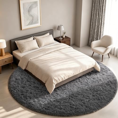 Ophanie Round Rug 8Ft Grey Circle Area Rugs,Large Fluffy Fuzzy Living Room Carpet 8 feet,Plush Shag Solid Indoor Floor