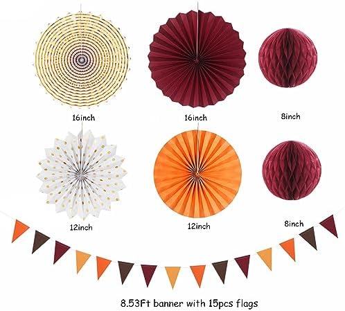 Burgundy Brown-Orange Baby-Shower Boho Party-Decorations - 20pcs Fall Autumn Paper Lanterns Fans,Tissue Pom Poms,Honeycomb Balls,Wedding Birthday Bridal Harvest Thanksgiving Festival Decor Burgleda