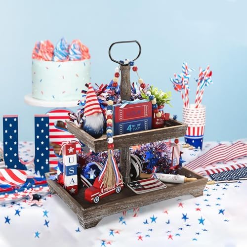 4th of July Decorations 8 Pcs Patriotic Tiered Tray Decor Set