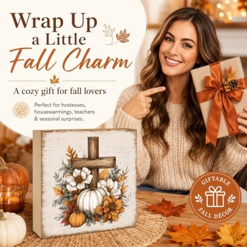 Fall Decorations for Home Christian Cross Pumpkin Wood Sign Fall Decor 5 * 5inch